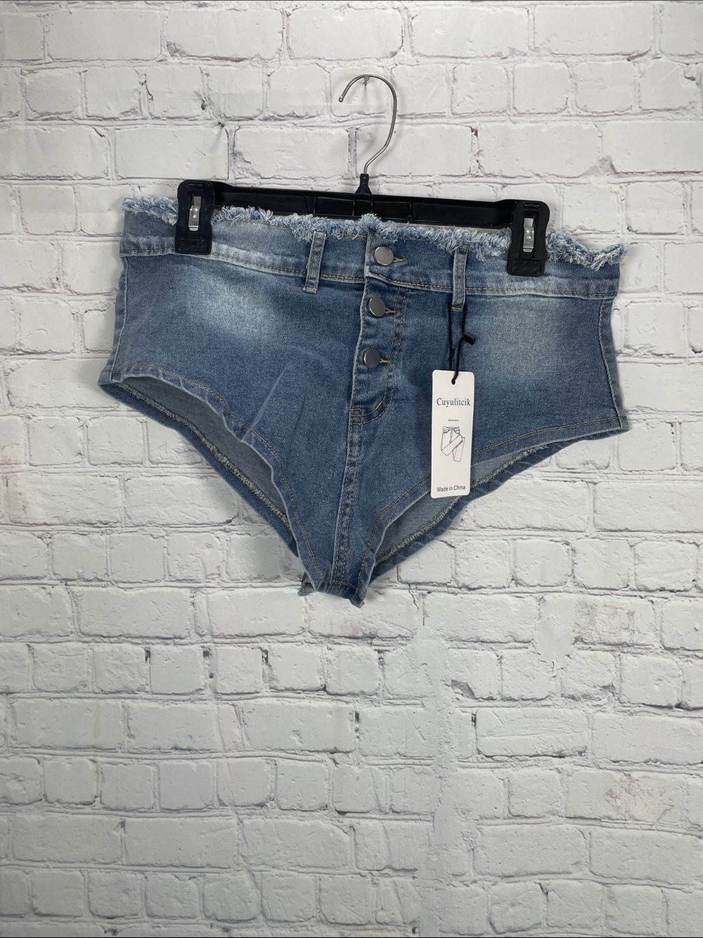 High-Rise Frayed Hem Bikini Cut Denim Shorts White Washed Blue Size X Large